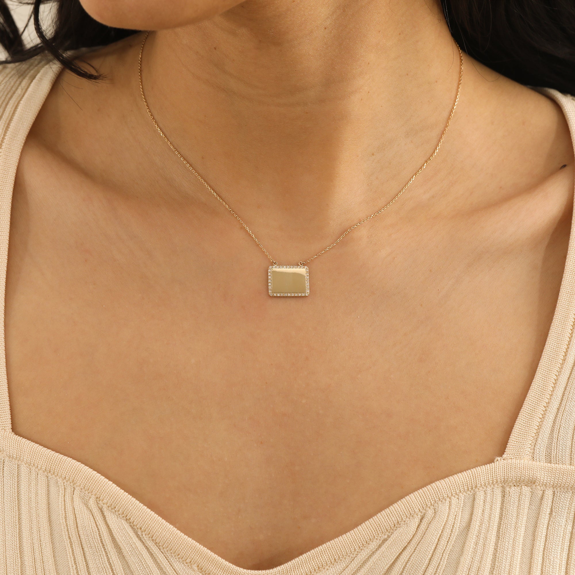 Personalized Diamond Framed Name Plate Necklace