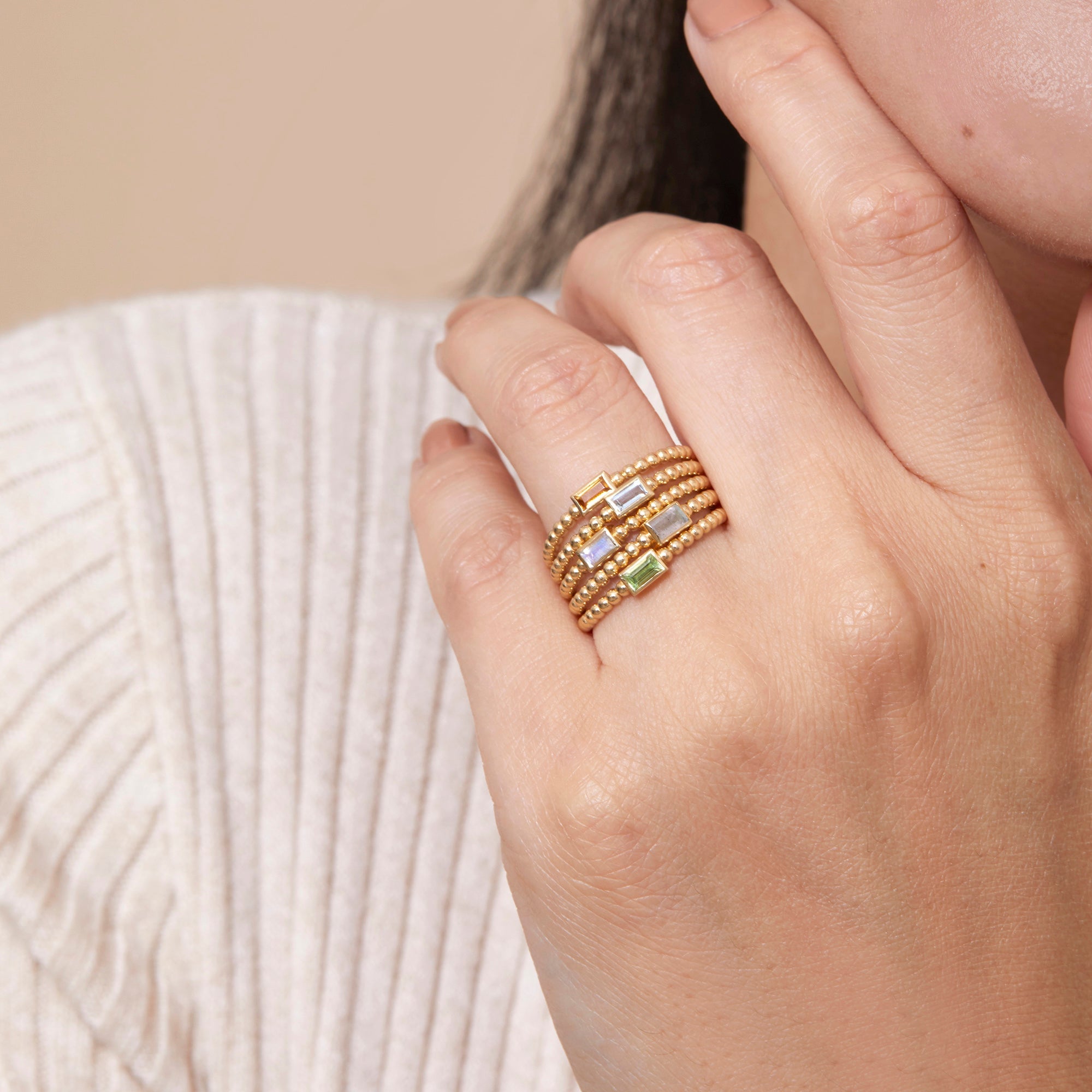 Baguette Aquamarine Beaded Ring