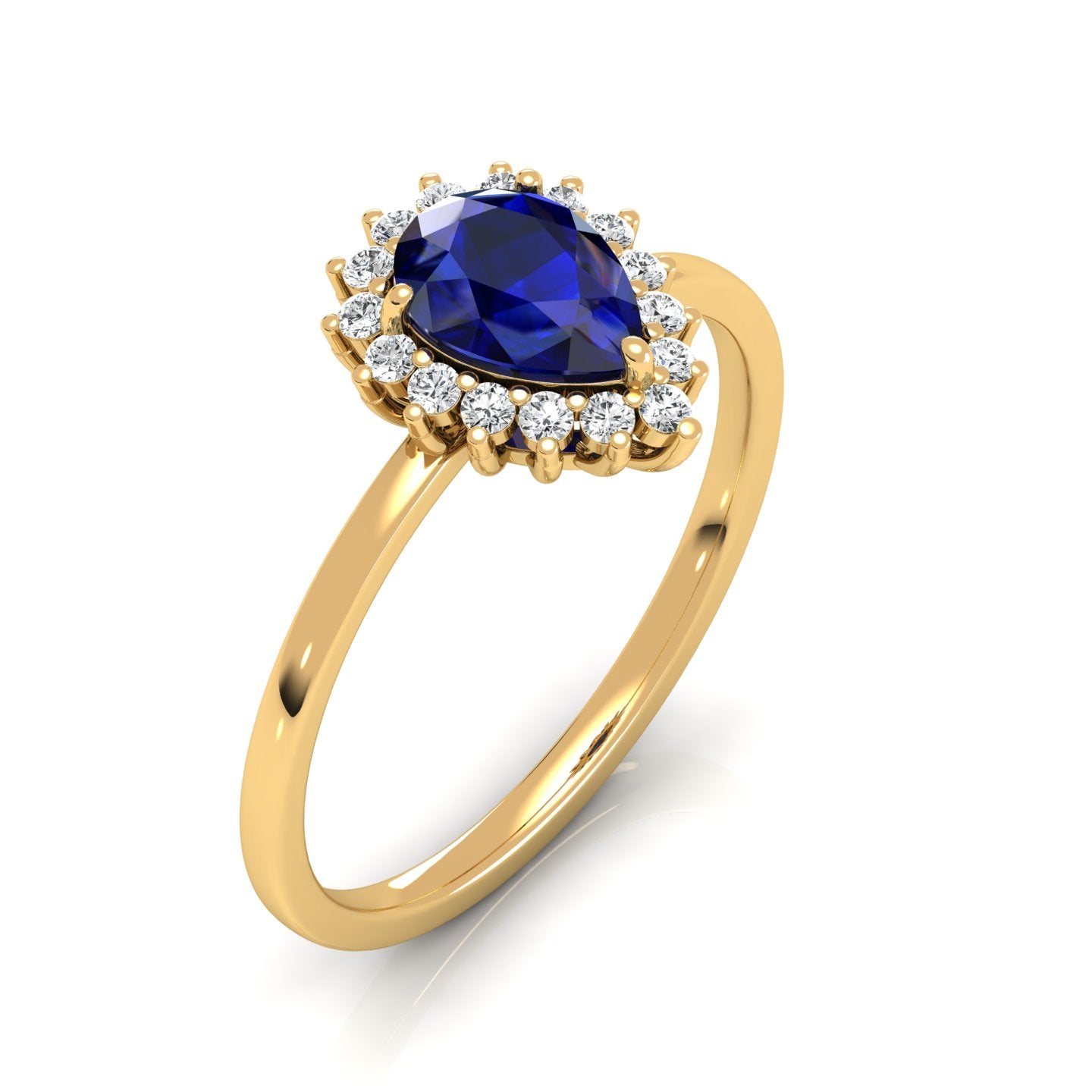 8.00 x 6.00 mm Pear Cut Created Sapphire and 1/6 ctw Lab Grown Diamond Halo Engagement Ring - Elegant pear-cut sapphire surrounded by a halo of lab-grown diamonds, perfect for a sophisticated engagement