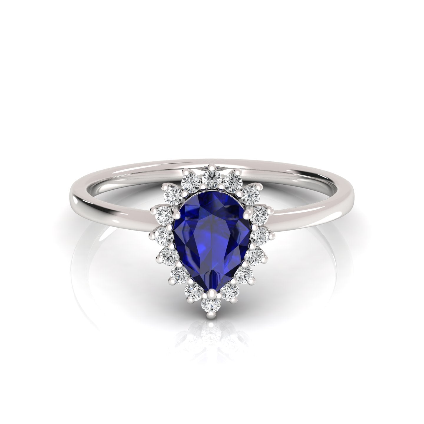 8.00 x 6.00 mm Pear Cut Created Sapphire and 1/6 ctw Lab Grown Diamond Halo Engagement Ring - Elegant pear-cut sapphire surrounded by a halo of lab-grown diamonds, perfect for a sophisticated engagement