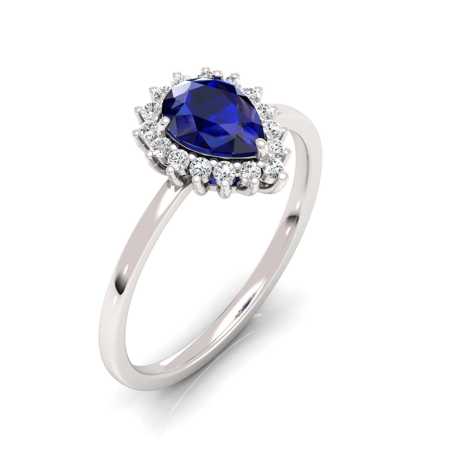 8.00 x 6.00 mm Pear Cut Created Sapphire and 1/6 ctw Lab Grown Diamond Halo Engagement Ring - Elegant pear-cut sapphire surrounded by a halo of lab-grown diamonds, perfect for a sophisticated engagement