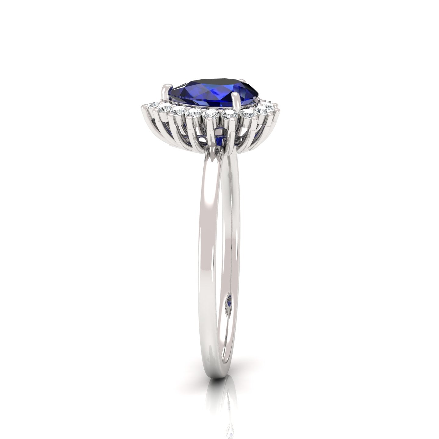 8.00 x 6.00 mm Pear Cut Created Sapphire and 1/6 ctw Lab Grown Diamond Halo Engagement Ring - Elegant pear-cut sapphire surrounded by a halo of lab-grown diamonds, perfect for a sophisticated engagement