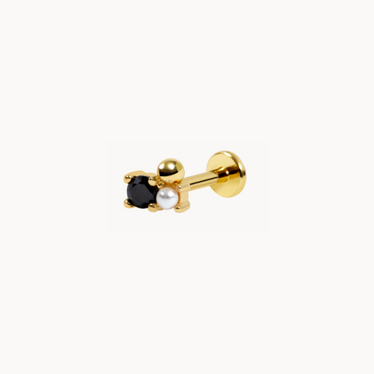 Forest Piercing: Elegant 18K Gold-Plated Steel with Natural Pearl and Black Cubic Zirconia - Jewel Edition