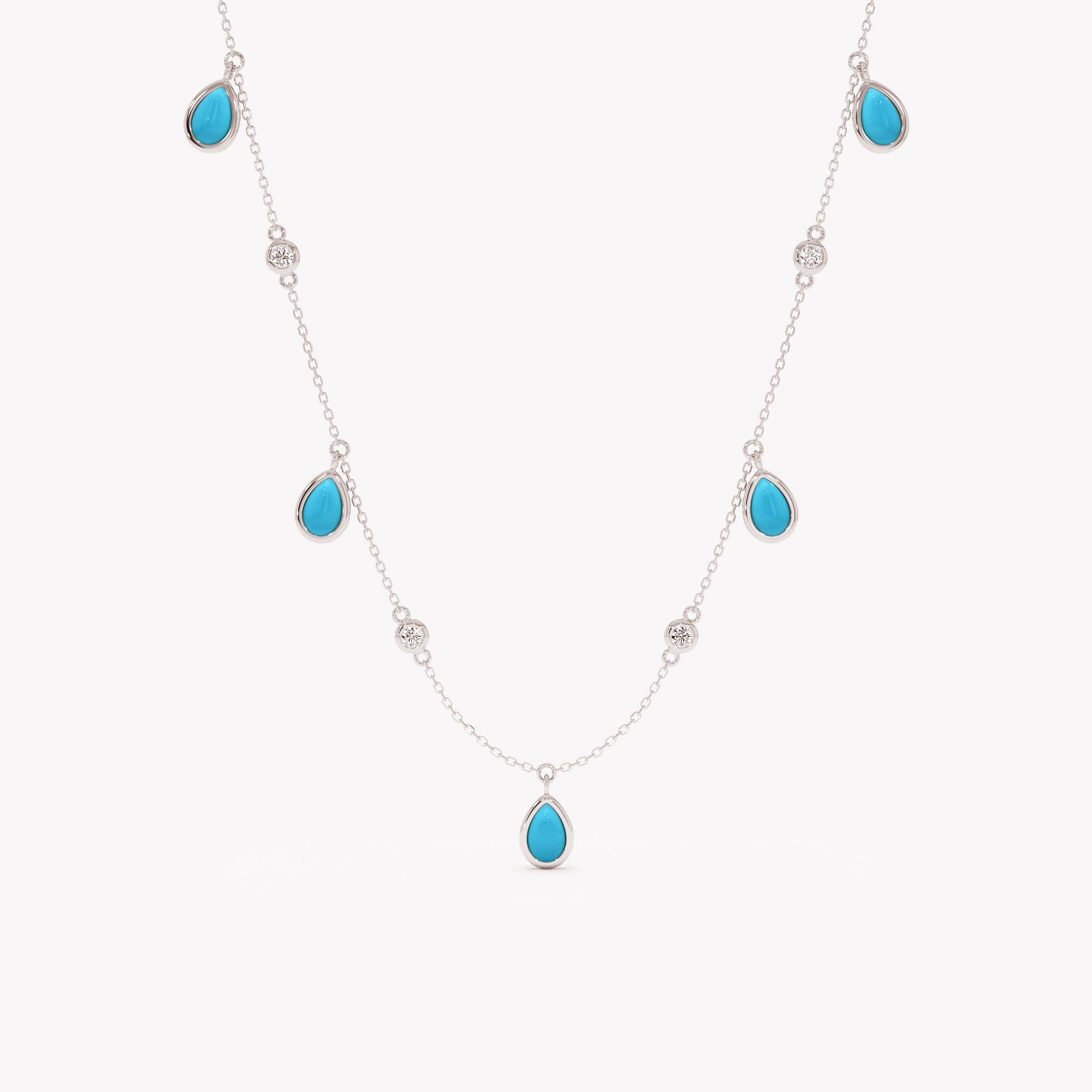 Necklace with blue teardrop-shaped pendants on a white background