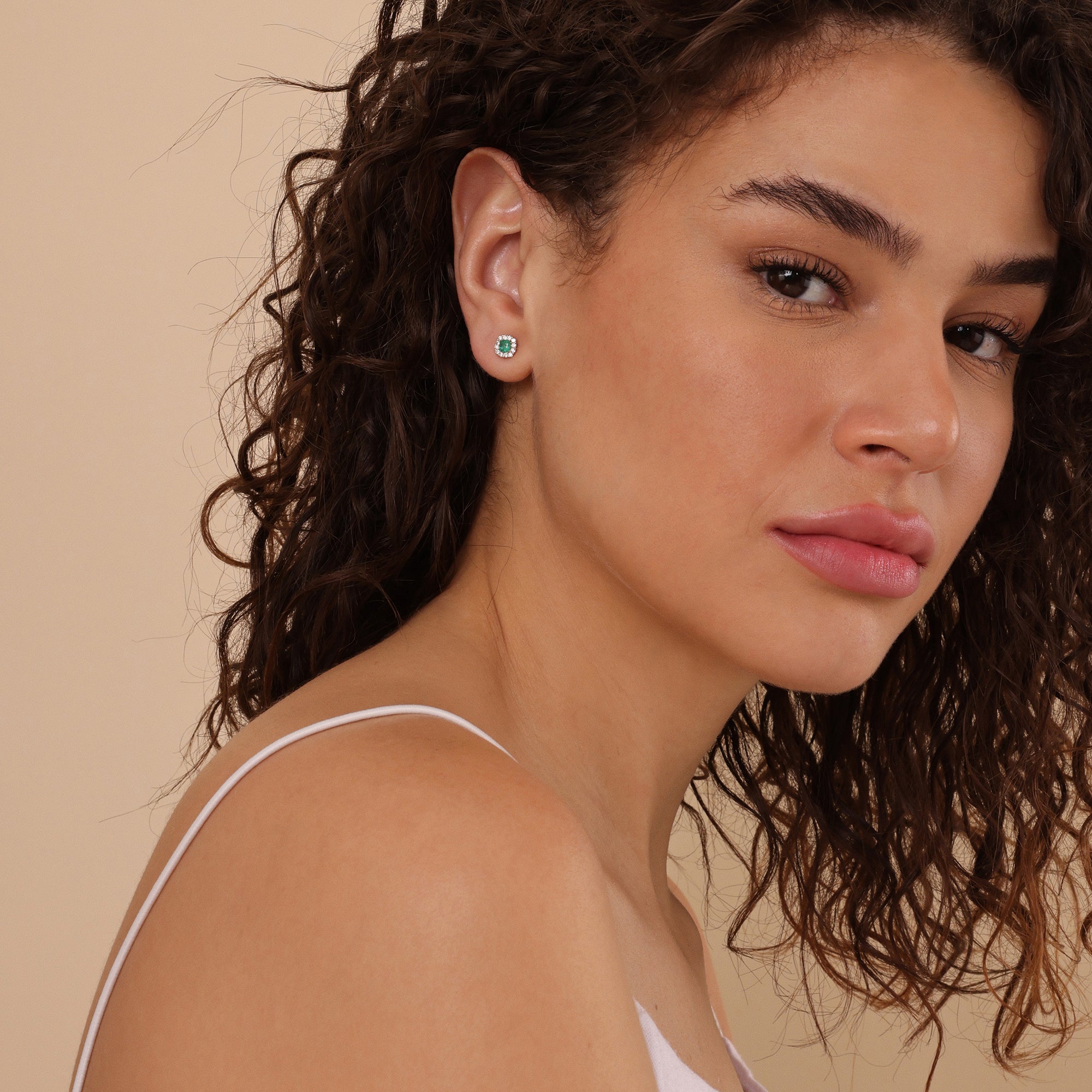 Cushion Emerald Halo Stud Earrings