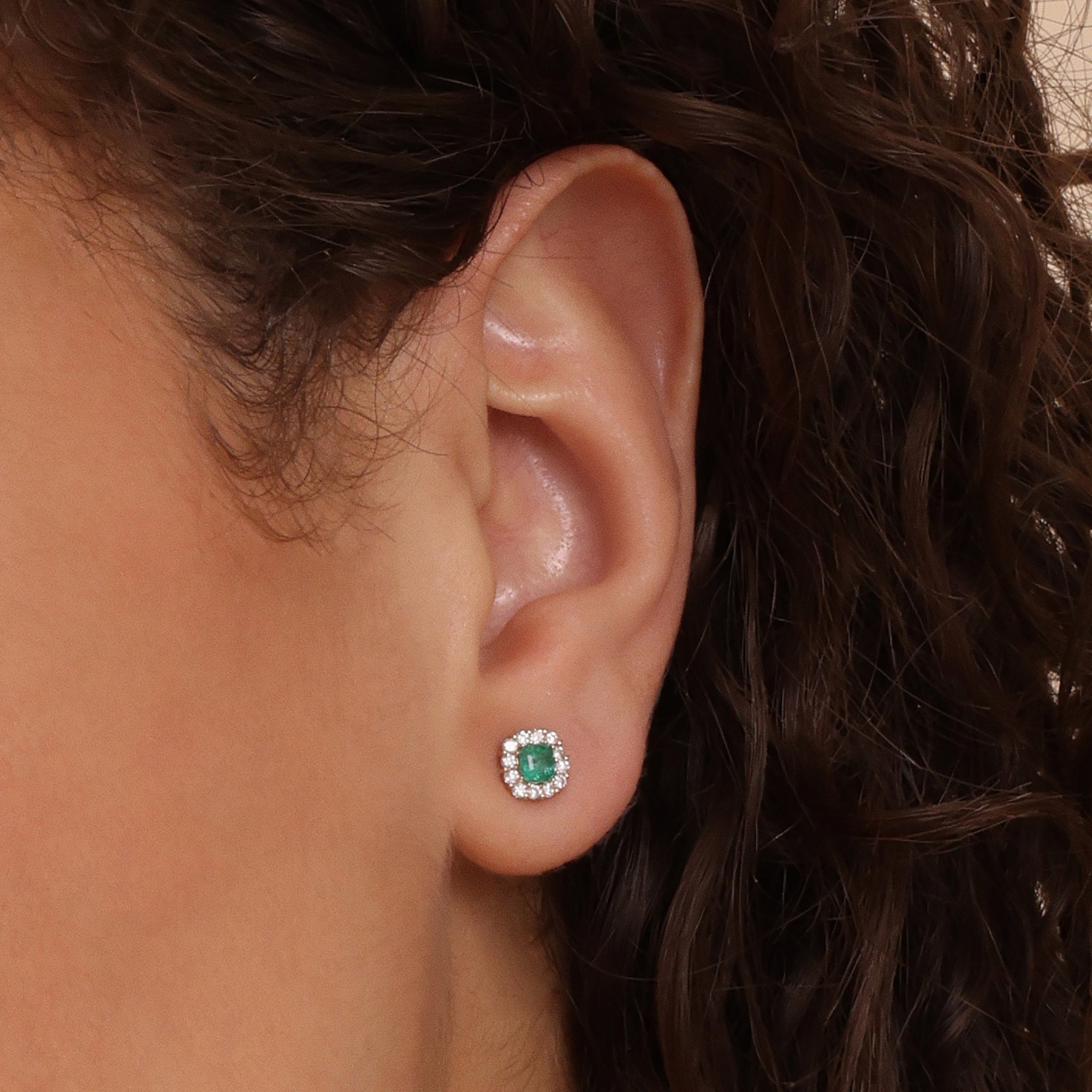 Cushion Emerald Halo Stud Earrings